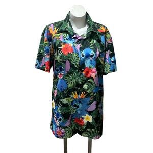 Disney Lilo & Stitch Shirt Mens L Green Floral Hawaiian Tropical Button-Up